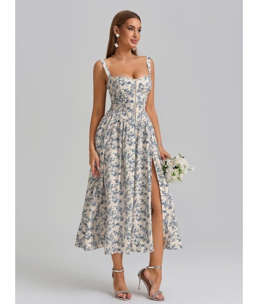 KUTUMAI Floral Corset Midi Dress Flowy Slit Summer Spring Wedding Guest Dresses for Women Sundress with Pockets