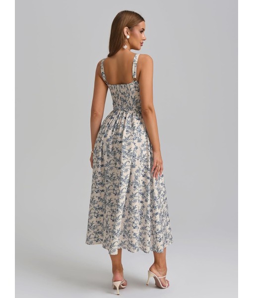 KUTUMAI Floral Corset Midi Dress Flowy Slit Summer Spring Wedding Guest Dresses for Women Sundress with Pockets