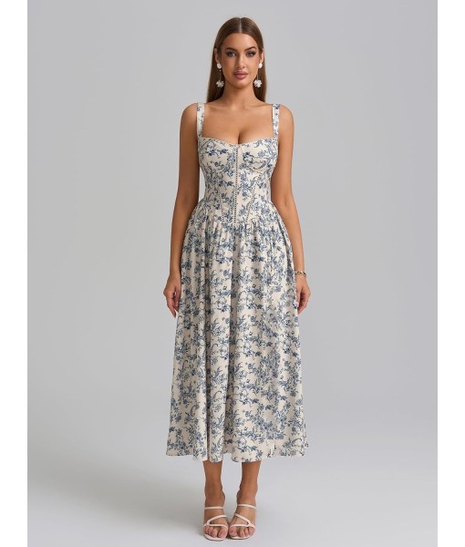 KUTUMAI Floral Corset Midi Dress Flowy Slit Summer Spring Wedding Guest Dresses for Women Sundress with Pockets