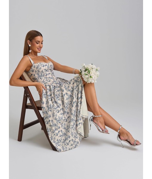 KUTUMAI Floral Corset Midi Dress Flowy Slit Summer Spring Wedding Guest Dresses for Women Sundress with Pockets