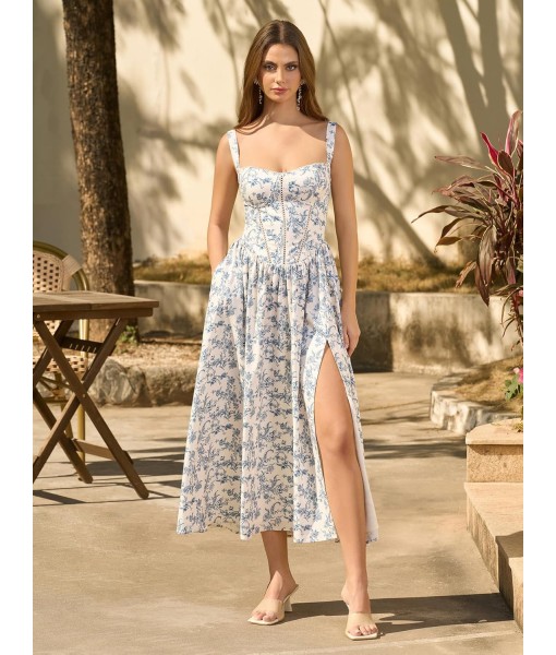 KUTUMAI Floral Corset Midi Dress Flowy Slit Summer Spring Wedding Guest Dresses for Women Sundress with Pockets