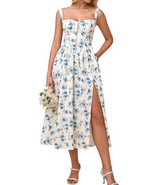 KUTUMAI Floral Corset Midi Dress Flowy Slit Summer Spring Wedding Guest Dresses for Women Sundress with Pockets