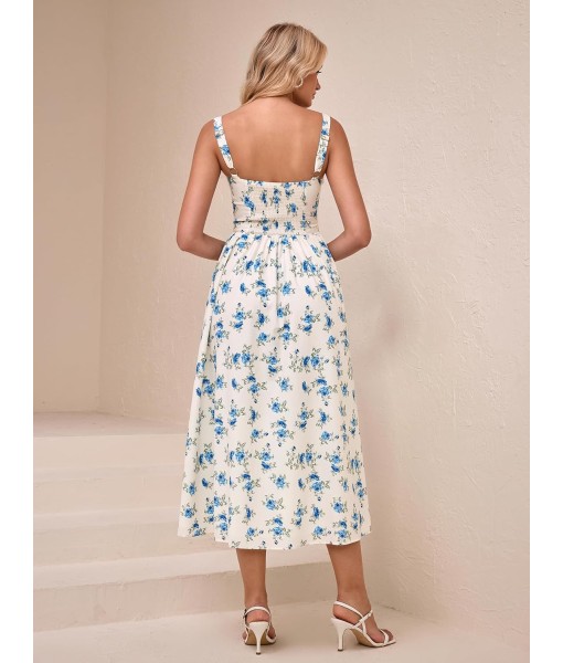 KUTUMAI Floral Corset Midi Dress Flowy Slit Summer Spring Wedding Guest Dresses for Women Sundress with Pockets