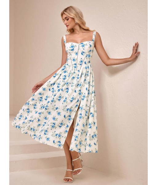 KUTUMAI Floral Corset Midi Dress Flowy Slit Summer Spring Wedding Guest Dresses for Women Sundress with Pockets