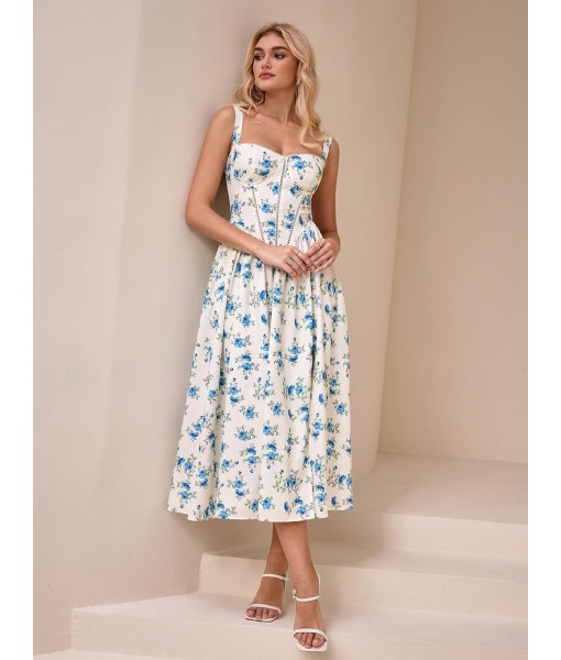 KUTUMAI Floral Corset Midi Dress Flowy Slit Summer Spring Wedding Guest Dresses for Women Sundress with Pockets