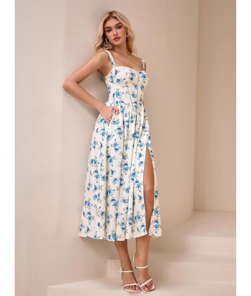 KUTUMAI Floral Corset Midi Dress Flowy Slit Summer Spring Wedding Guest Dresses for Women Sundress with Pockets