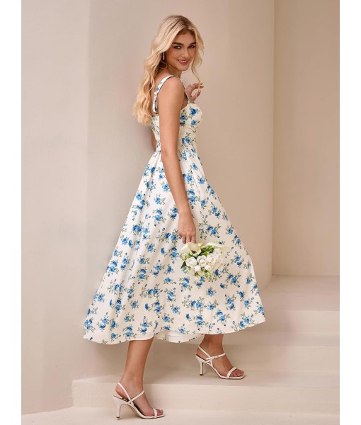 KUTUMAI Floral Corset Midi Dress Flowy Slit Summer Spring Wedding Guest Dresses for Women Sundress with Pockets