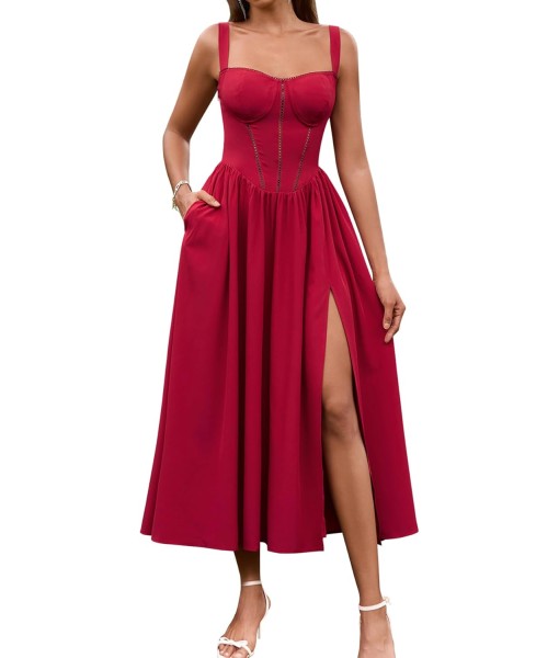 KUTUMAI Floral Corset Midi Dress Flowy Slit Summer Spring Wedding Guest Dresses for Women Sundress with Pockets
