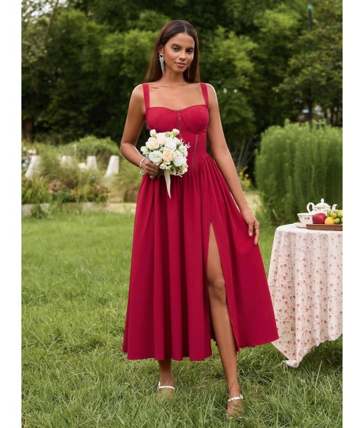 KUTUMAI Floral Corset Midi Dress Flowy Slit Summer Spring Wedding Guest Dresses for Women Sundress with Pockets