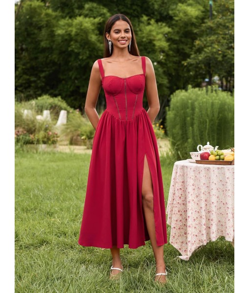 KUTUMAI Floral Corset Midi Dress Flowy Slit Summer Spring Wedding Guest Dresses for Women Sundress with Pockets
