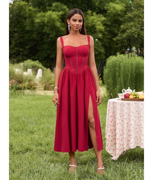 KUTUMAI Floral Corset Midi Dress Flowy Slit Summer Spring Wedding Guest Dresses for Women Sundress with Pockets