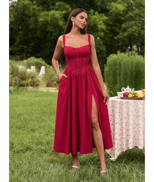 KUTUMAI Floral Corset Midi Dress Flowy Slit Summer Spring Wedding Guest Dresses for Women Sundress with Pockets