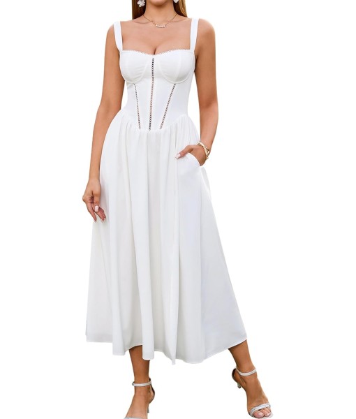 KUTUMAI Floral Corset Midi Dress Flowy Slit Summer Spring Wedding Guest Dresses for Women Sundress with Pockets