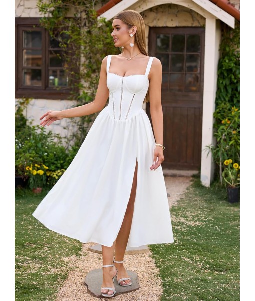 KUTUMAI Floral Corset Midi Dress Flowy Slit Summer Spring Wedding Guest Dresses for Women Sundress with Pockets