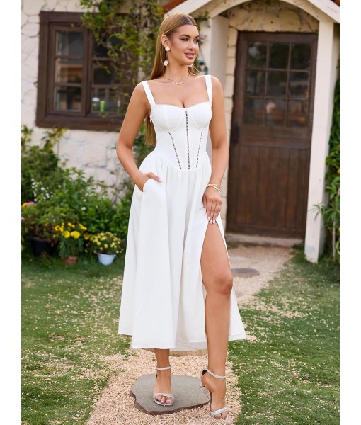 KUTUMAI Floral Corset Midi Dress Flowy Slit Summer Spring Wedding Guest Dresses for Women Sundress with Pockets