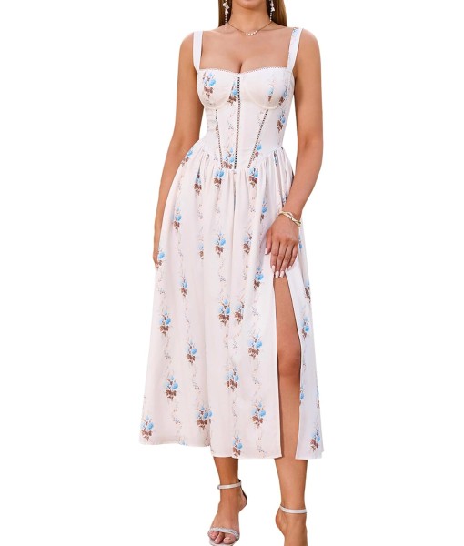 KUTUMAI Floral Corset Midi Dress Flowy Slit Summer Spring Wedding Guest Dresses for Women Sundress with Pockets