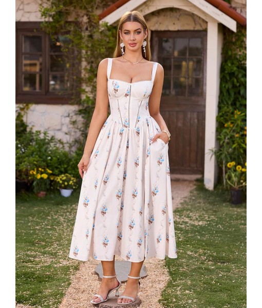 KUTUMAI Floral Corset Midi Dress Flowy Slit Summer Spring Wedding Guest Dresses for Women Sundress with Pockets