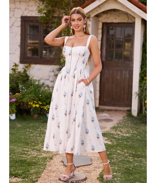 KUTUMAI Floral Corset Midi Dress Flowy Slit Summer Spring Wedding Guest Dresses for Women Sundress with Pockets