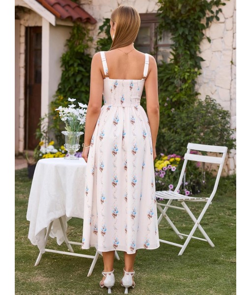 KUTUMAI Floral Corset Midi Dress Flowy Slit Summer Spring Wedding Guest Dresses for Women Sundress with Pockets