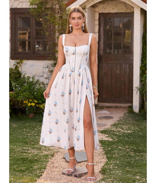 KUTUMAI Floral Corset Midi Dress Flowy Slit Summer Spring Wedding Guest Dresses for Women Sundress with Pockets