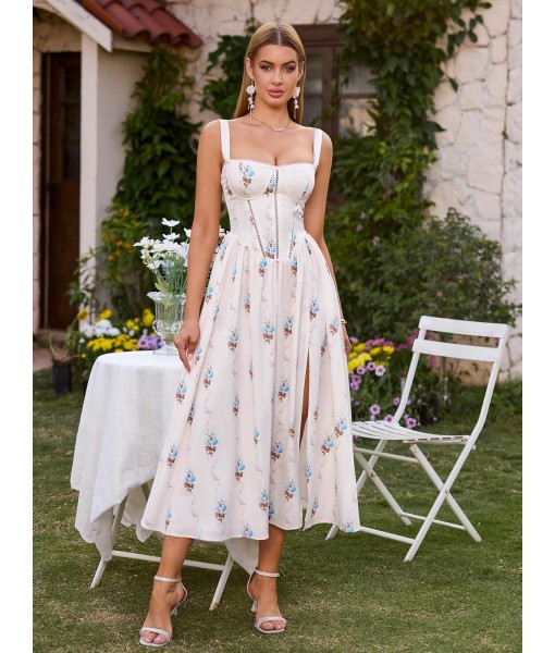 KUTUMAI Floral Corset Midi Dress Flowy Slit Summer Spring Wedding Guest Dresses for Women Sundress with Pockets
