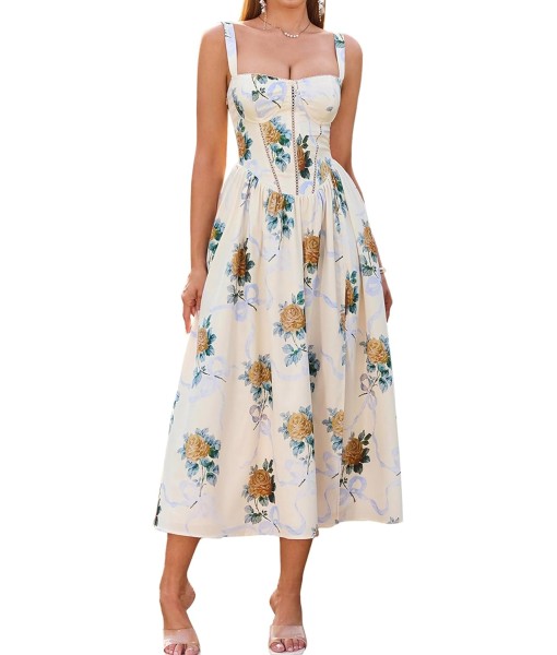 KUTUMAI Floral Corset Midi Dress Flowy Slit Summer Spring Wedding Guest Dresses for Women Sundress with Pockets