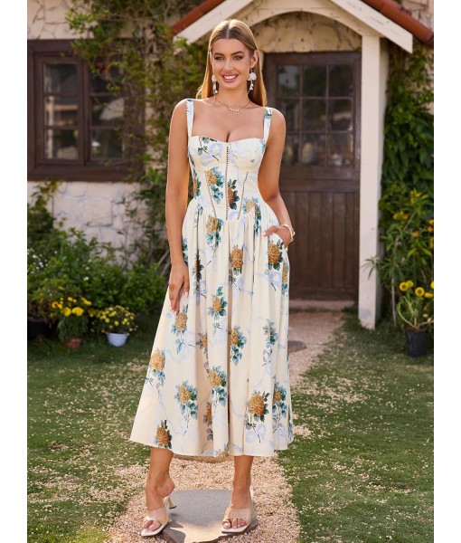 KUTUMAI Floral Corset Midi Dress Flowy Slit Summer Spring Wedding Guest Dresses for Women Sundress with Pockets