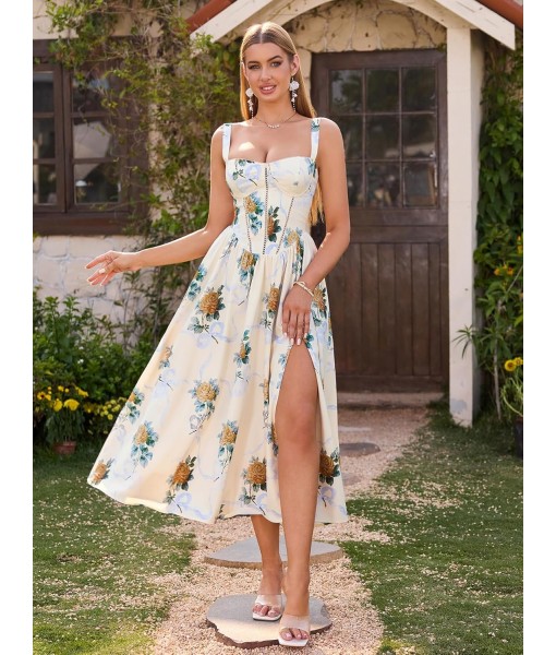 KUTUMAI Floral Corset Midi Dress Flowy Slit Summer Spring Wedding Guest Dresses for Women Sundress with Pockets