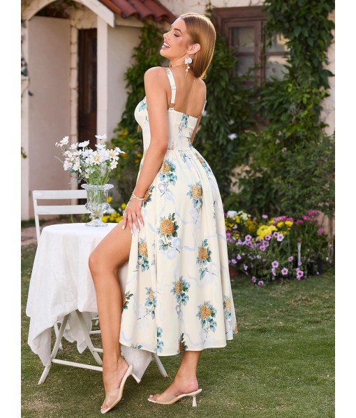 KUTUMAI Floral Corset Midi Dress Flowy Slit Summer Spring Wedding Guest Dresses for Women Sundress with Pockets