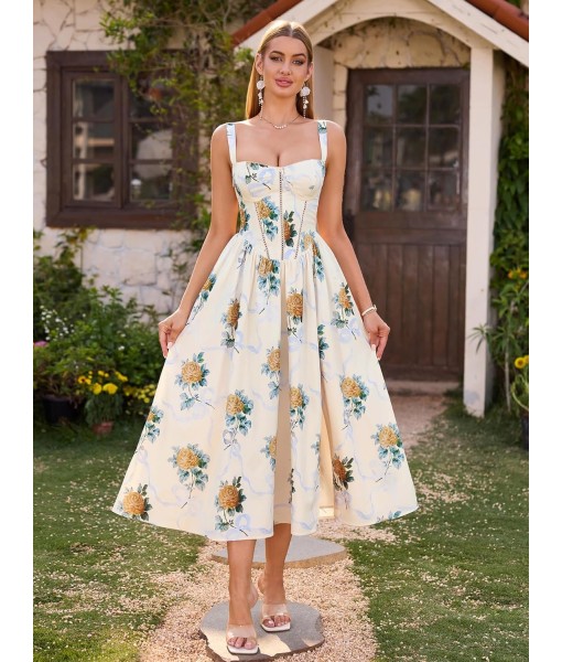 KUTUMAI Floral Corset Midi Dress Flowy Slit Summer Spring Wedding Guest Dresses for Women Sundress with Pockets