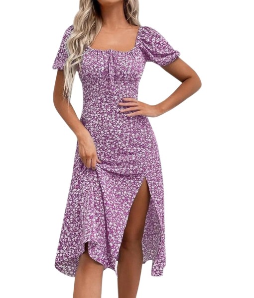 SPRIME Women's Floral Summer Casual Dress Square Neck Puff Sleeve Boho Midi Dresses Ruched Bust High Waist Split Long Dress