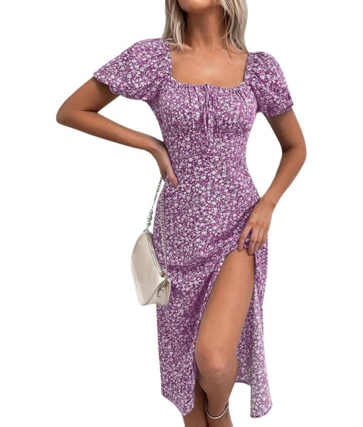 SPRIME Women's Floral Summer Casual Dress Square Neck Puff Sleeve Boho Midi Dresses Ruched Bust High Waist Split Long Dress