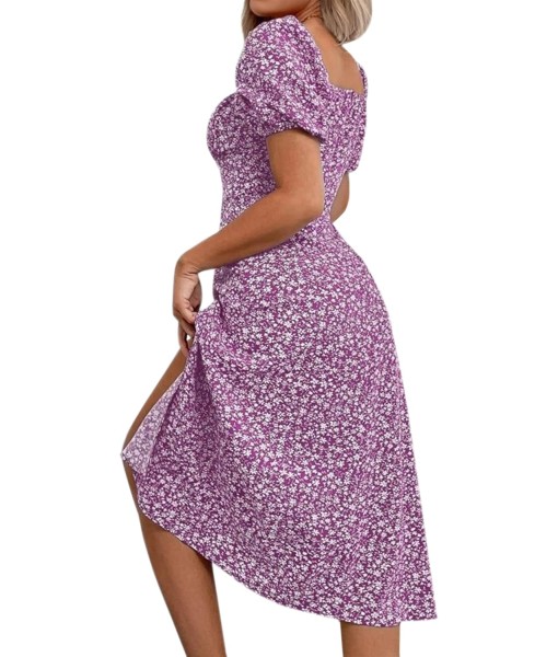 SPRIME Women's Floral Summer Casual Dress Square Neck Puff Sleeve Boho Midi Dresses Ruched Bust High Waist Split Long Dress