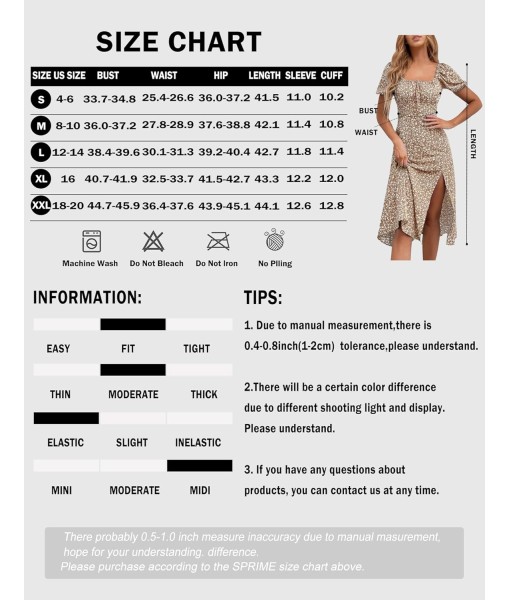 SPRIME Women's Floral Summer Casual Dress Square Neck Puff Sleeve Boho Midi Dresses Ruched Bust High Waist Split Long Dress