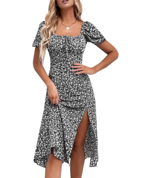 SPRIME Women's Floral Summer Casual Dress Square Neck Puff Sleeve Boho Midi Dresses Ruched Bust High Waist Split Long Dress