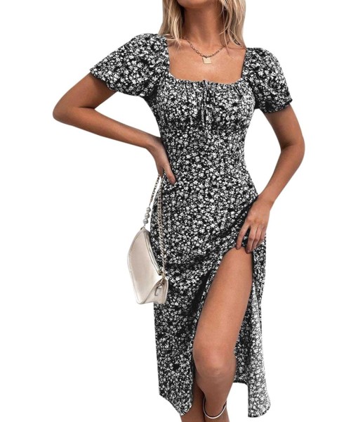 SPRIME Women's Floral Summer Casual Dress Square Neck Puff Sleeve Boho Midi Dresses Ruched Bust High Waist Split Long Dress