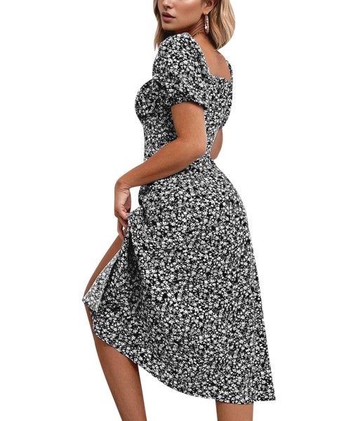 SPRIME Women's Floral Summer Casual Dress Square Neck Puff Sleeve Boho Midi Dresses Ruched Bust High Waist Split Long Dress