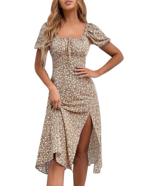 SPRIME Women's Floral Summer Casual Dress Square Neck Puff Sleeve Boho Midi Dresses Ruched Bust High Waist Split Long Dress