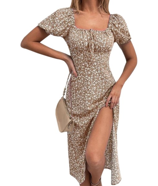 SPRIME Women's Floral Summer Casual Dress Square Neck Puff Sleeve Boho Midi Dresses Ruched Bust High Waist Split Long Dress