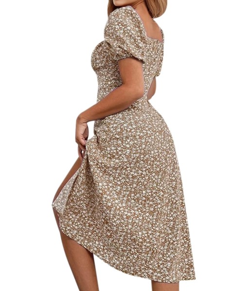 SPRIME Women's Floral Summer Casual Dress Square Neck Puff Sleeve Boho Midi Dresses Ruched Bust High Waist Split Long Dress
