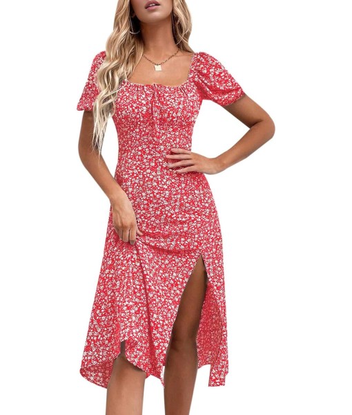 SPRIME Women's Floral Summer Casual Dress Square Neck Puff Sleeve Boho Midi Dresses Ruched Bust High Waist Split Long Dress
