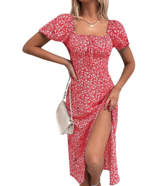 SPRIME Women's Floral Summer Casual Dress Square Neck Puff Sleeve Boho Midi Dresses Ruched Bust High Waist Split Long Dress