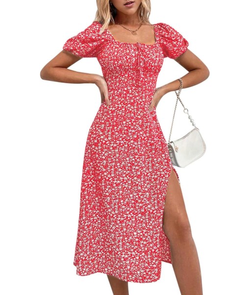 SPRIME Women's Floral Summer Casual Dress Square Neck Puff Sleeve Boho Midi Dresses Ruched Bust High Waist Split Long Dress