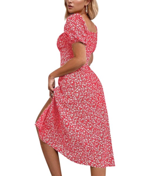 SPRIME Women's Floral Summer Casual Dress Square Neck Puff Sleeve Boho Midi Dresses Ruched Bust High Waist Split Long Dress