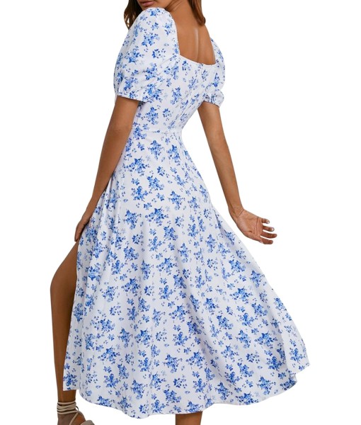 SPRIME Women's Floral Summer Casual Dress Square Neck Puff Sleeve Boho Midi Dresses Ruched Bust High Waist Split Long Dress