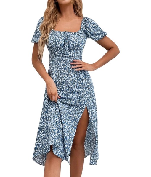 SPRIME Women's Floral Summer Casual Dress Square Neck Puff Sleeve Boho Midi Dresses Ruched Bust High Waist Split Long Dress