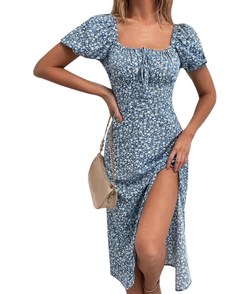 SPRIME Women's Floral Summer Casual Dress Square Neck Puff Sleeve Boho Midi Dresses Ruched Bust High Waist Split Long Dress