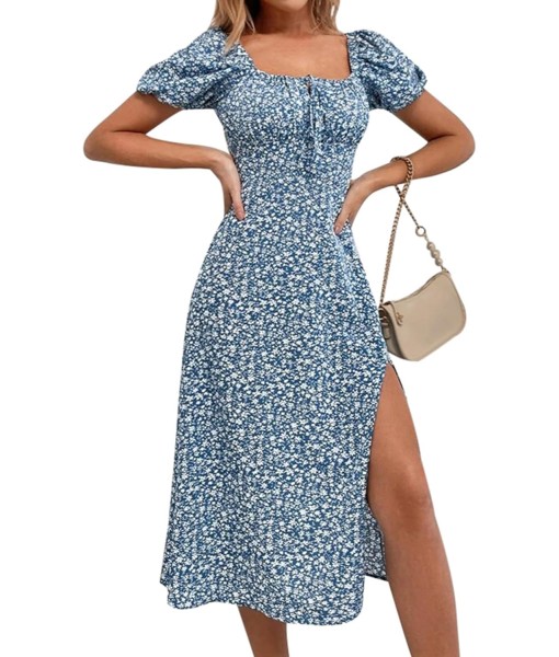 SPRIME Women's Floral Summer Casual Dress Square Neck Puff Sleeve Boho Midi Dresses Ruched Bust High Waist Split Long Dress