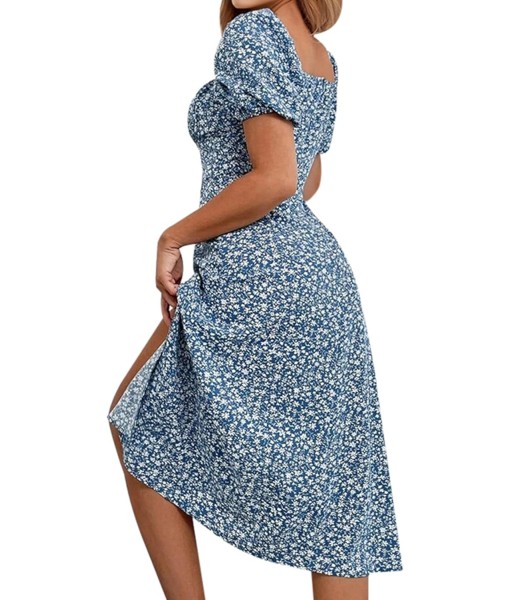 SPRIME Women's Floral Summer Casual Dress Square Neck Puff Sleeve Boho Midi Dresses Ruched Bust High Waist Split Long Dress