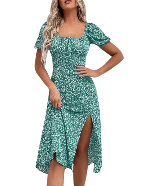 SPRIME Women's Floral Summer Casual Dress Square Neck Puff Sleeve Boho Midi Dresses Ruched Bust High Waist Split Long Dress